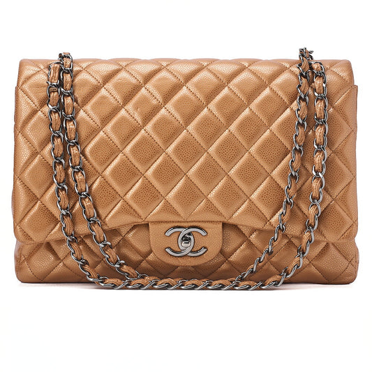 CHANEL Caviar Skin Deca Matelasse 33cm Double Flap Chain Shoulder Bag Bronze Silver-Tone Hardware, Pre-Owned