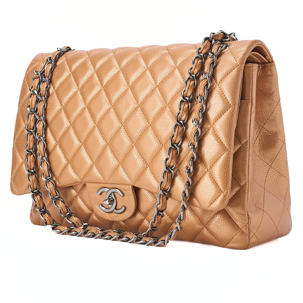 CHANEL Caviar Skin Deca Matelasse 33cm Double Flap Chain Shoulder Bag Bronze Silver-Tone Hardware, Pre-Owned