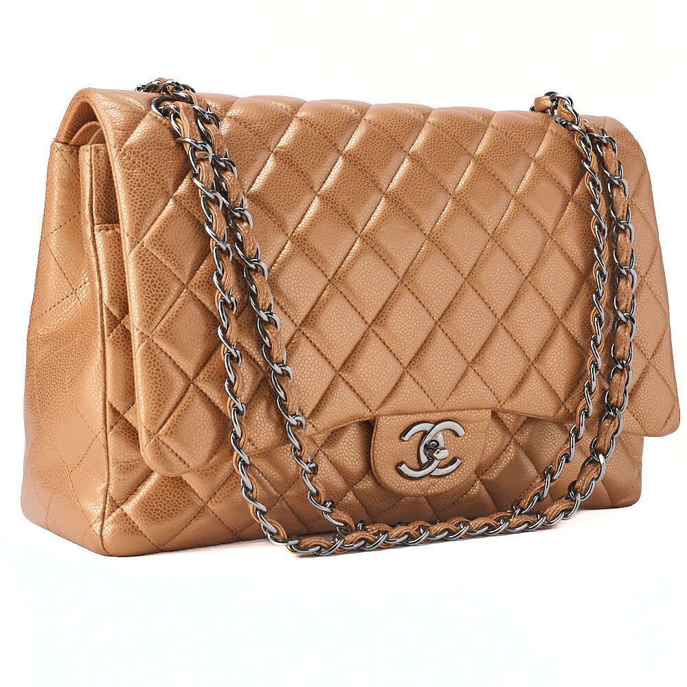 CHANEL Caviar Skin Deca Matelasse 33cm Double Flap Chain Shoulder Bag Bronze Silver-Tone Hardware, Pre-Owned