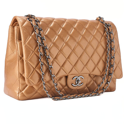 CHANEL Caviar Skin Deca Matelasse 33cm Double Flap Chain Shoulder Bag Bronze Silver-Tone Hardware, Pre-Owned