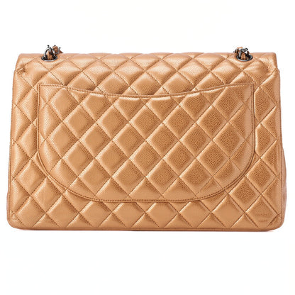 CHANEL Caviar Skin Deca Matelasse 33cm Double Flap Chain Shoulder Bag Bronze Silver-Tone Hardware, Pre-Owned