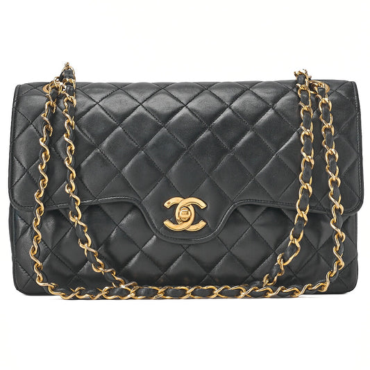 CHANEL Lambskin Matelasse  25cm Double Flap Chain Shoulder Black Gold-Tone Hardware, Pre-Owned