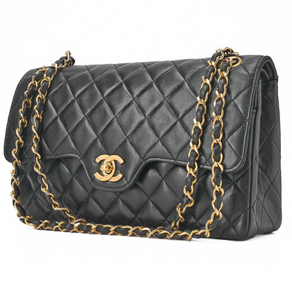 CHANEL ラムスキン マトラッセ 25cm ダブルフラップ チェーンショルダー 黒 ゴールド金具 中古