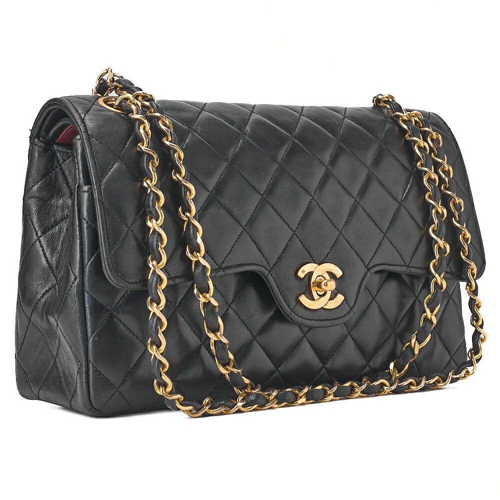 CHANEL ラムスキン マトラッセ 25cm ダブルフラップ チェーンショルダー 黒 ゴールド金具 中古