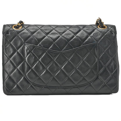 CHANEL ラムスキン マトラッセ 25cm ダブルフラップ チェーンショルダー 黒 ゴールド金具 中古