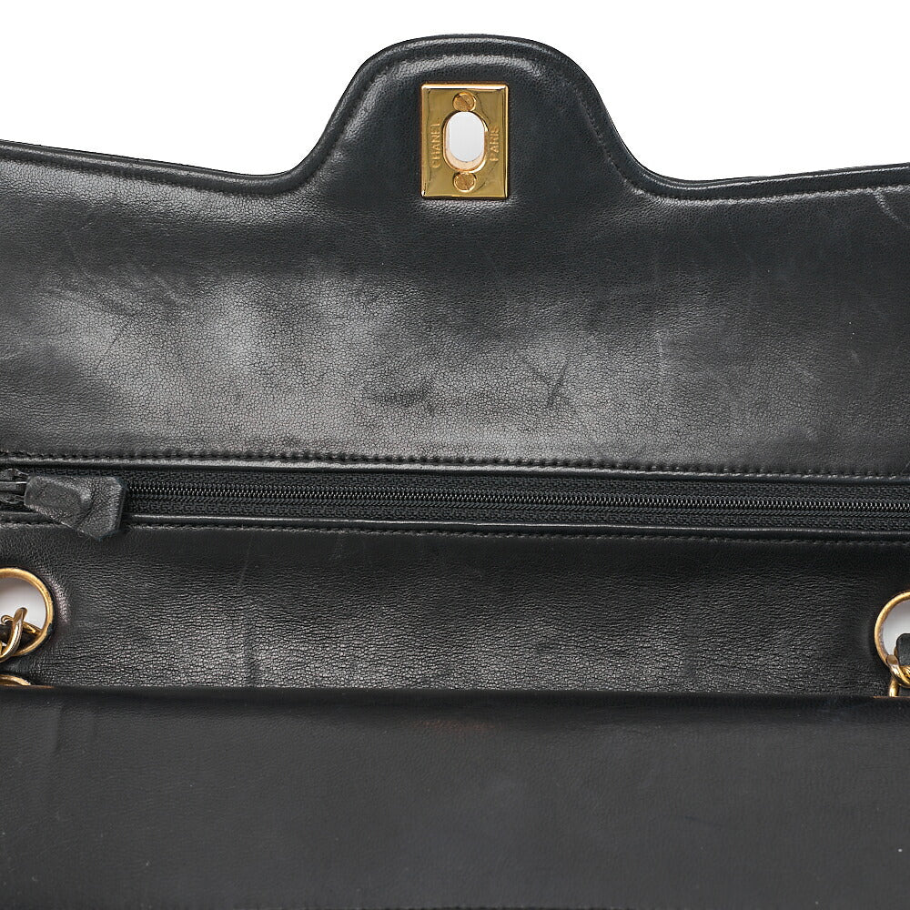 CHANEL ラムスキン マトラッセ 25cm ダブルフラップ チェーンショルダー 黒 ゴールド金具 中古