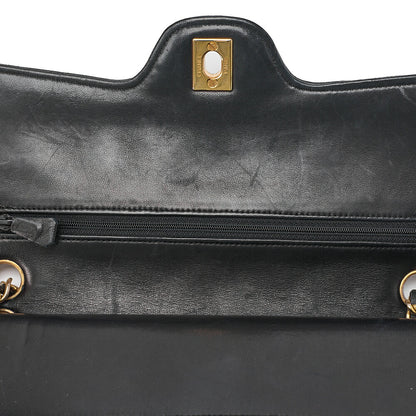 CHANEL ラムスキン マトラッセ 25cm ダブルフラップ チェーンショルダー 黒 ゴールド金具 中古