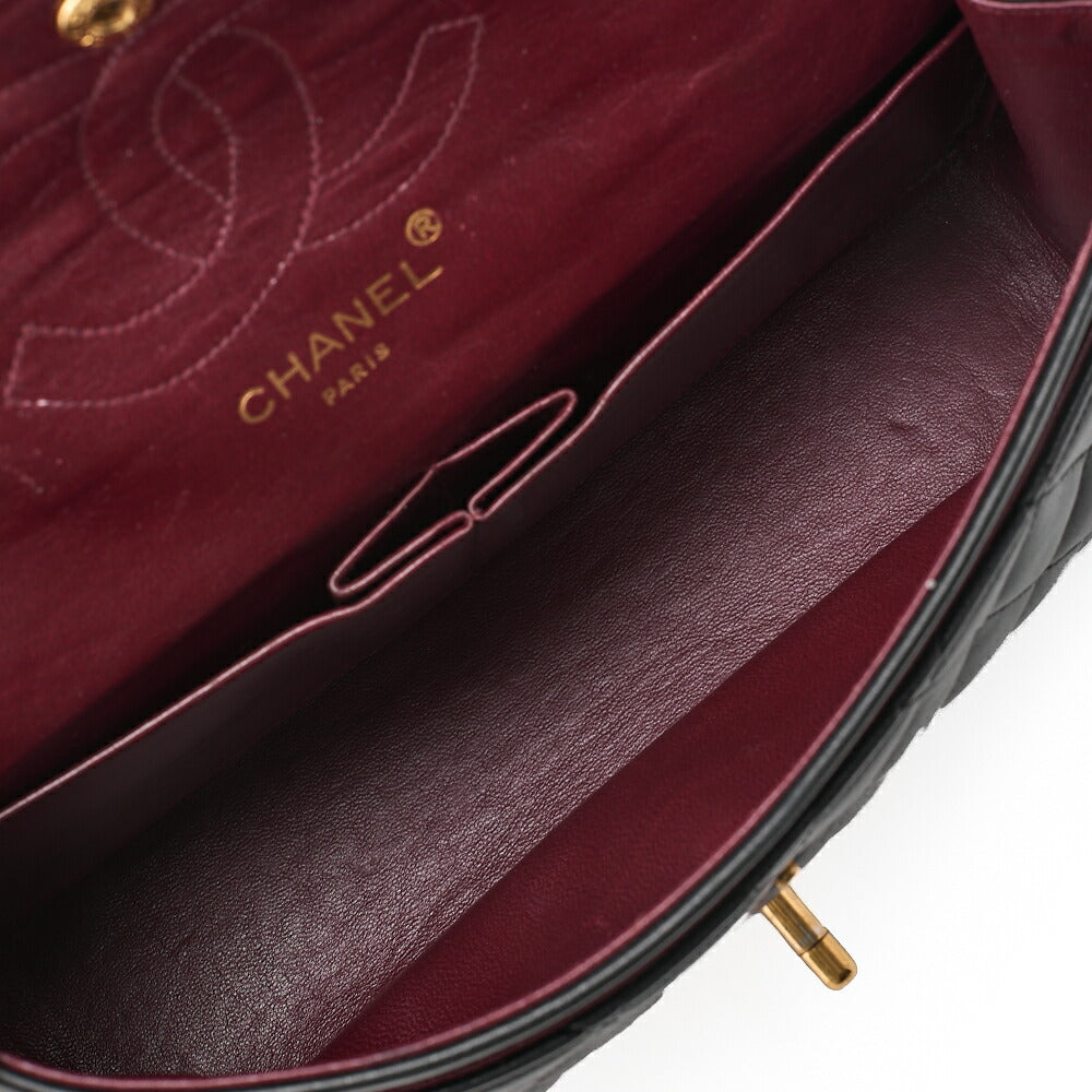 CHANEL ラムスキン マトラッセ 25cm ダブルフラップ チェーンショルダー 黒 ゴールド金具 中古