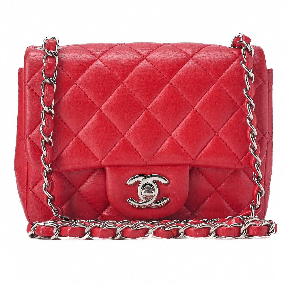 CHANEL Chain Shoulder Bag Mini Matelasse 17cm Lambskin Red Silver-Tone Hardware, Pre-Owned
