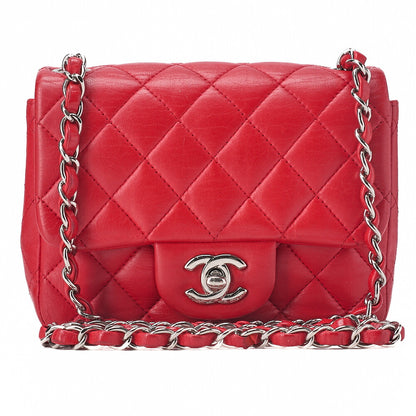 CHANEL Chain Shoulder Bag Mini Matelasse 17cm Lambskin Red Silver-Tone Hardware, Pre-Owned