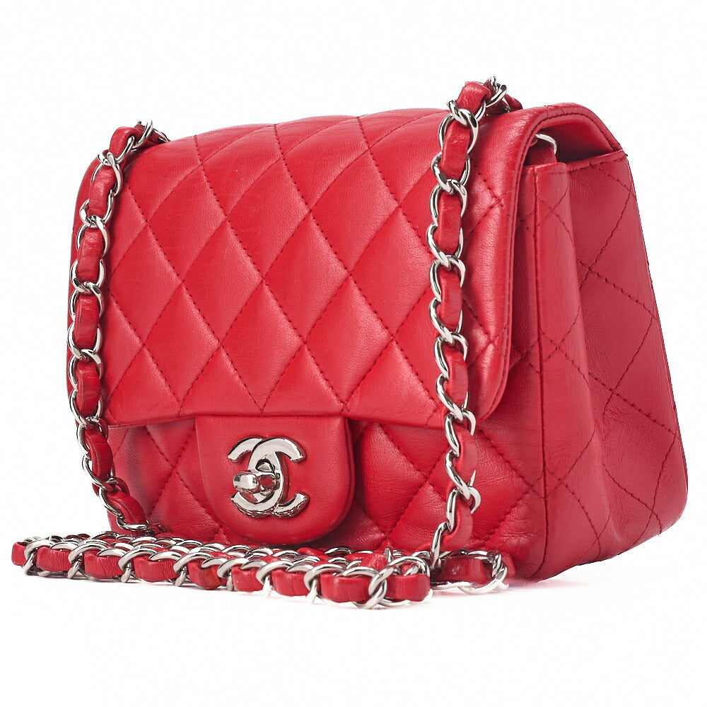 CHANEL Chain Shoulder Bag Mini Matelasse 17cm Lambskin Red Silver-Tone Hardware, Pre-Owned