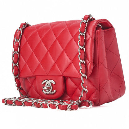 CHANEL Chain Shoulder Bag Mini Matelasse 17cm Lambskin Red Silver-Tone Hardware, Pre-Owned