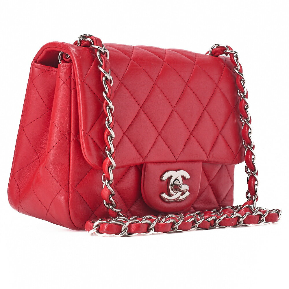 CHANEL Chain Shoulder Bag Mini Matelasse 17cm Lambskin Red Silver-Tone Hardware, Pre-Owned