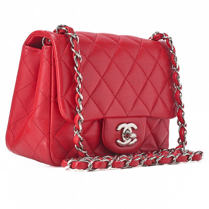 CHANEL Chain Shoulder Bag Mini Matelasse 17cm Lambskin Red Silver-Tone Hardware, Pre-Owned