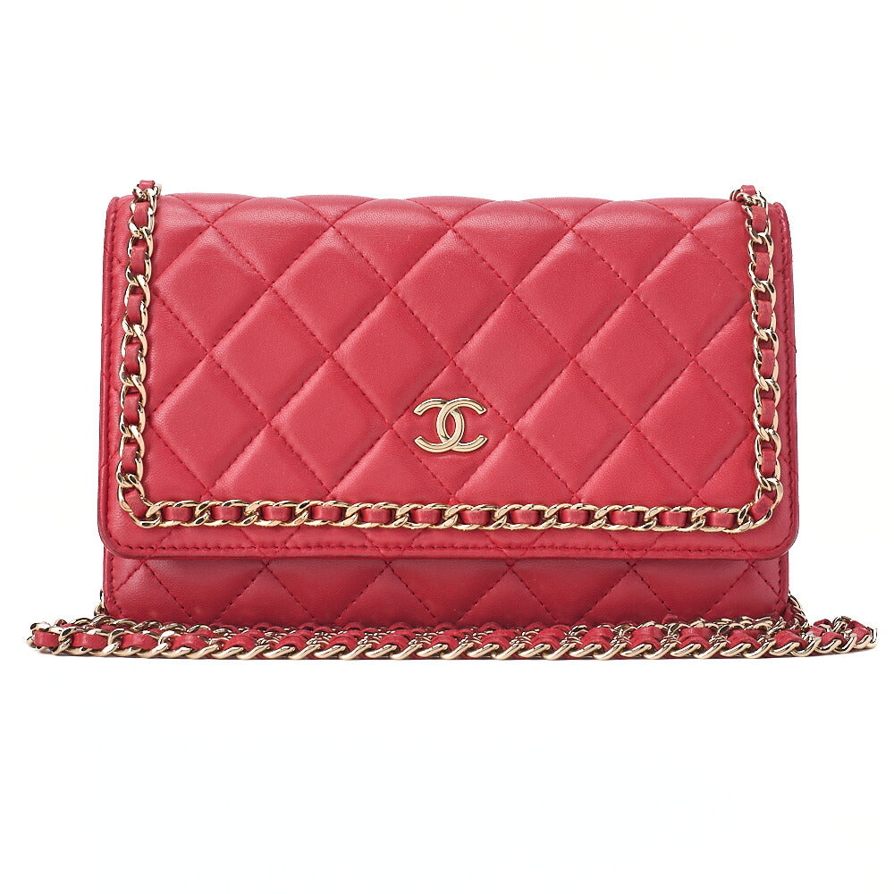CHANEL Lambskin Matelasse Luxury Line Chain Wallet Red Gold-Tone Hardware, Pre-Owned