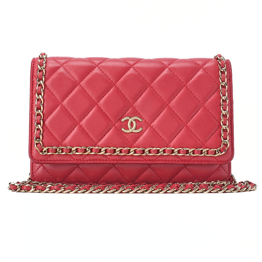 CHANEL Lambskin Matelasse Luxury Line Chain Wallet Red Gold-Tone Hardware, Pre-Owned