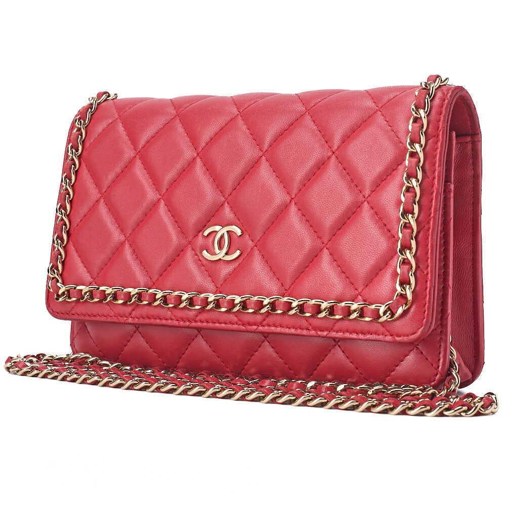 CHANEL Lambskin Matelasse Luxury Line Chain Wallet Red Gold-Tone Hardware, Pre-Owned
