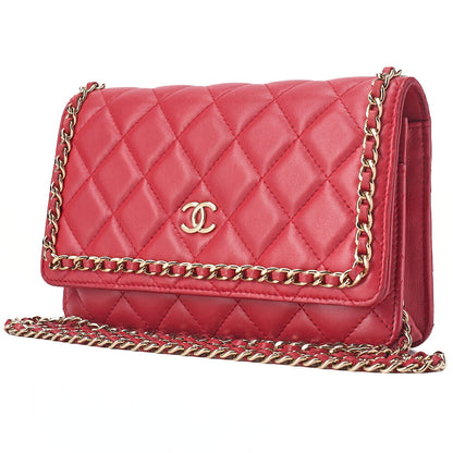 CHANEL Lambskin Matelasse Luxury Line Chain Wallet Red Gold-Tone Hardware, Pre-Owned