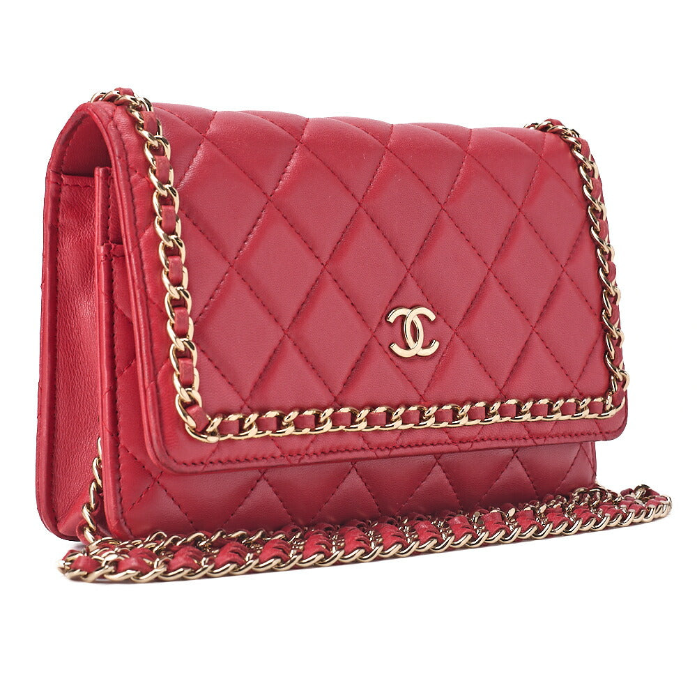 CHANEL Lambskin Matelasse Luxury Line Chain Wallet Red Gold-Tone Hardware, Pre-Owned