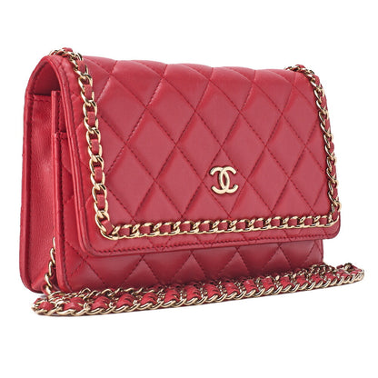 CHANEL Lambskin Matelasse Luxury Line Chain Wallet Red Gold-Tone Hardware, Pre-Owned