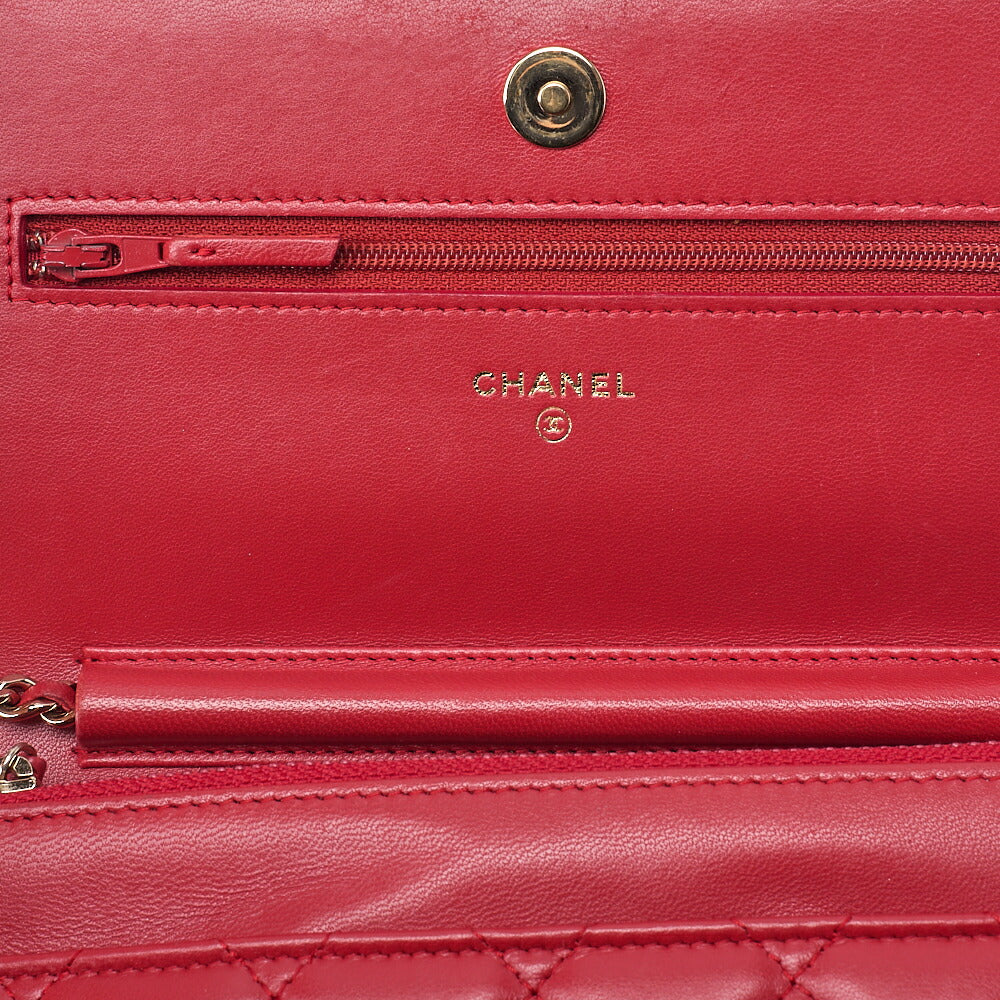 CHANEL Lambskin Matelasse Luxury Line Chain Wallet Red Gold-Tone Hardware, Pre-Owned
