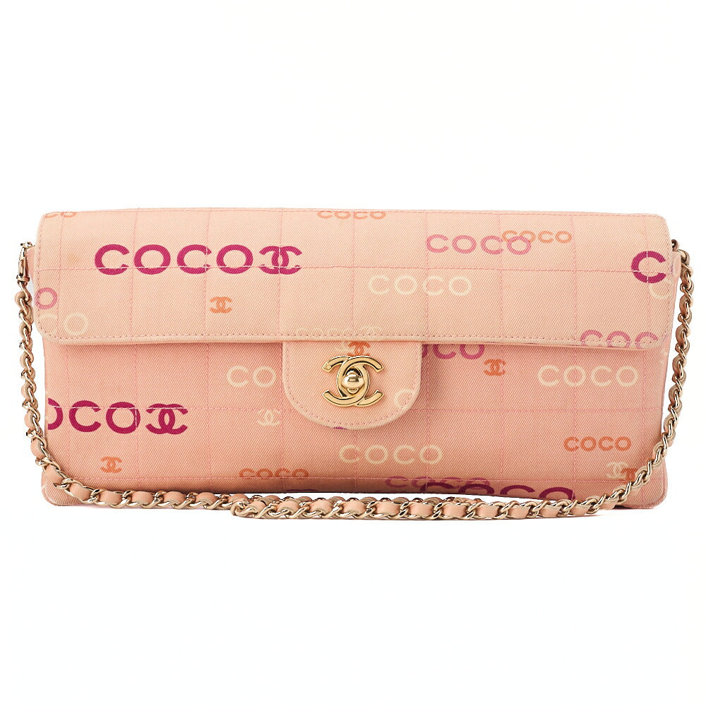 CHANEL キャンバス チョコバー ロゴプリント チェーンショルダーバッグ サーモンピンク ゴールド金具 中古品
