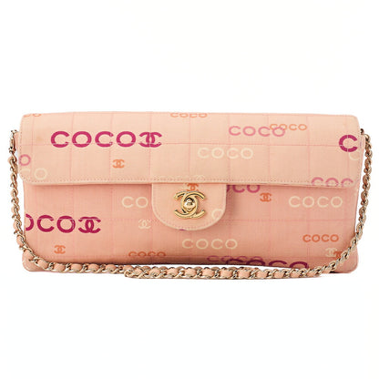 CHANEL キャンバス チョコバー ロゴプリント チェーンショルダーバッグ サーモンピンク ゴールド金具 中古品