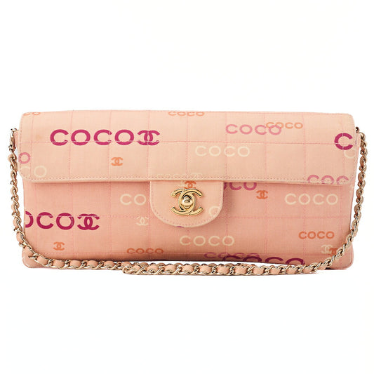 CHANEL Canvas Chocolate Bar Logo Print Chain Shoulder Salmon Pink Gold-Tone Hardware, Pre-Owned