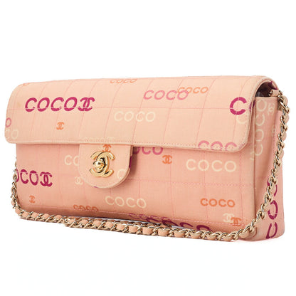CHANEL キャンバス チョコバー ロゴプリント チェーンショルダーバッグ サーモンピンク ゴールド金具 中古品