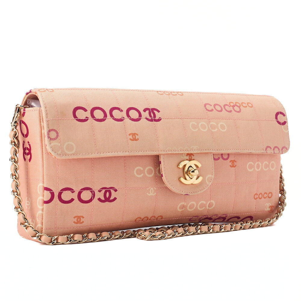 CHANEL キャンバス チョコバー ロゴプリント チェーンショルダーバッグ サーモンピンク ゴールド金具 中古品