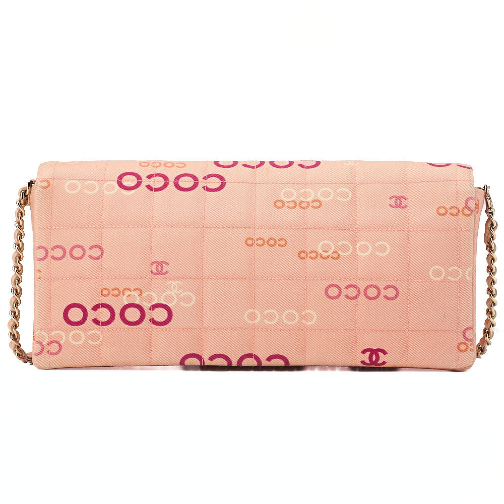 CHANEL キャンバス チョコバー ロゴプリント チェーンショルダーバッグ サーモンピンク ゴールド金具 中古品