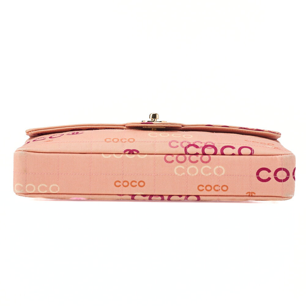 CHANEL キャンバス チョコバー ロゴプリント チェーンショルダーバッグ サーモンピンク ゴールド金具 中古品