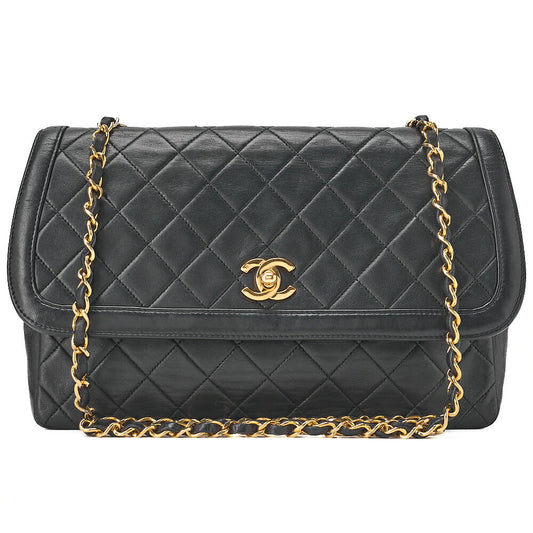 CHANEL Lambskin Matelasse Straight Flap 25cm Chain Shoulder Black Gold-Tone Hardware, Pre-Owned
