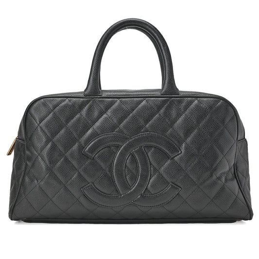 CHANEL Handbag Boston Bag Caviar Skin Matlasse Coco Mark Black Gold-Tone Hardware, Pre-Owned