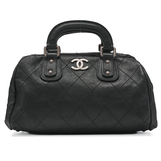 CHANEL Handbag Matlasse Coco Mark Boston Bag Caviar Skin Black Silver-Tone Hardware, Pre-Owned