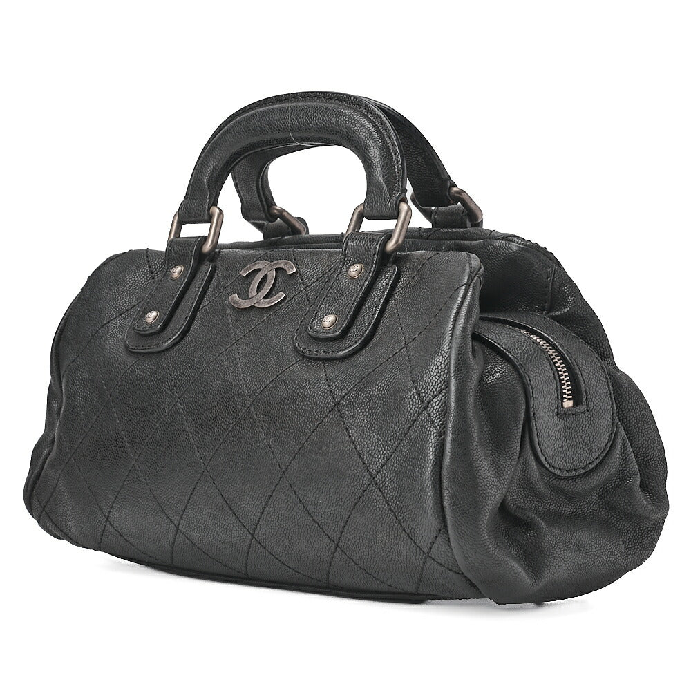 CHANEL Handbag Matlasse Coco Mark Boston Bag Caviar Skin Black Silver-Tone Hardware, Pre-Owned