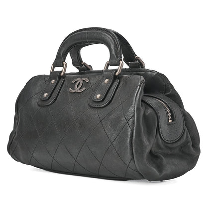 CHANEL Handbag Matlasse Coco Mark Boston Bag Caviar Skin Black Silver-Tone Hardware, Pre-Owned