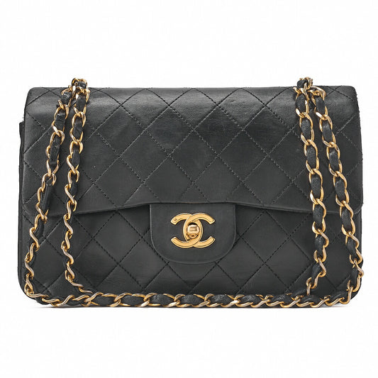 CHANEL Chain Shoulder Bag Matelasse 23cm Double Flap Lambskin Black Gold-Tone Hardware, Pre-Owned