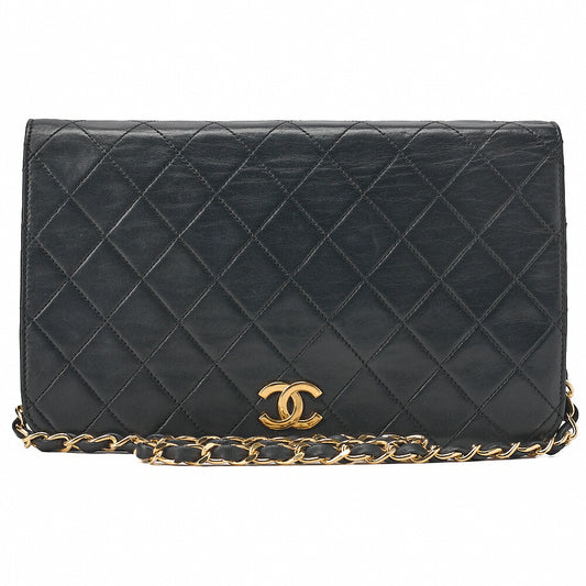 CHANEL Lambskin Matelasse Full Flap 23cm Push Lock Chain Shoulder Black Gold-Tone Hardware, Pre-Owned