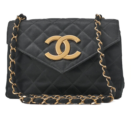 CHANEL Matelasse Big Coco V Flap Chain Shoulder Satin Black Gold-Tone Hardware, Pre-Owned