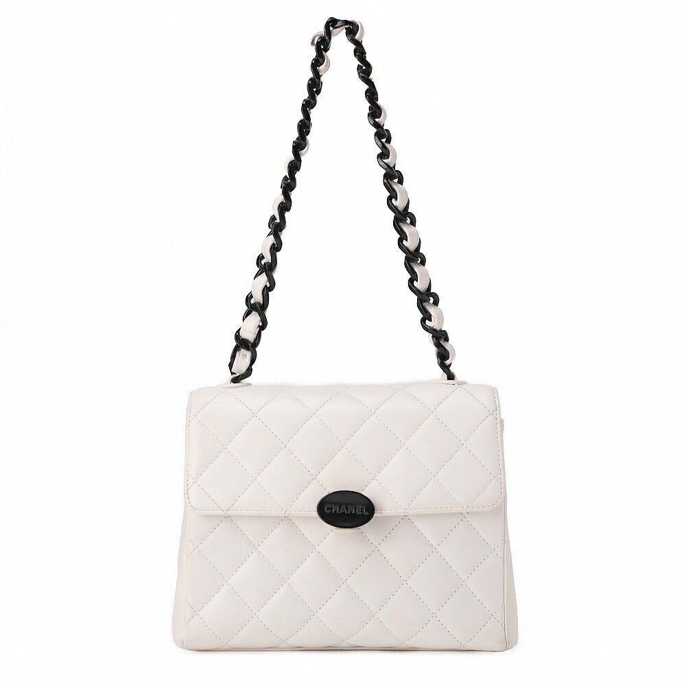 CHANEL Logo Plastic Chain Shoulder Lambskin White Gold-Tone Hardware, Pre-Owned