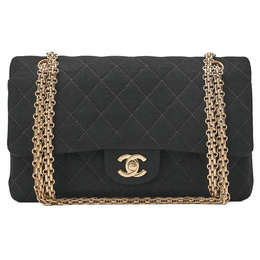 CHANEL Chain Shoulder Bag Matelasse Double Flap Cotton Black Champagne Gold-Tone Hardware, Pre-Owned