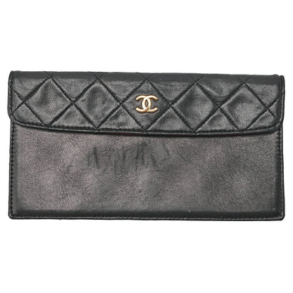 CHANEL Lambskin Matelasse Straight Design Flap with Pouch Chain Shoulder Black Gold-Tone Hardware, Pre-Owned