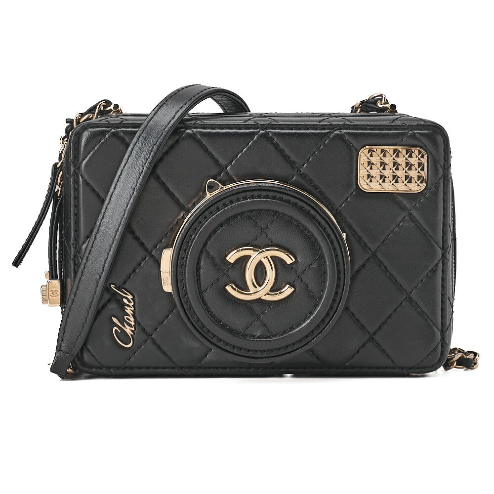 CHANEL Chain Shoulder Bag Matelasse Camera Bag Lambskin Black Gold-Tone Hardware, Pre-Owned