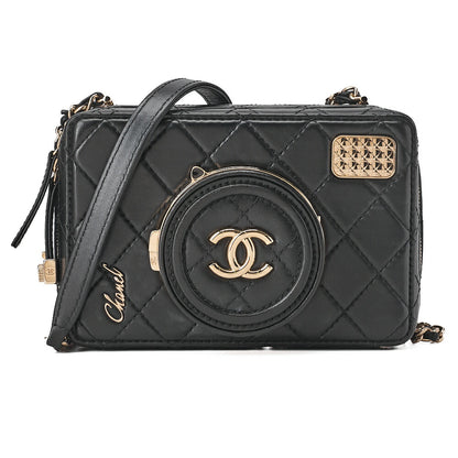 CHANEL Chain Shoulder Bag Matelasse Camera Bag Lambskin Black Gold-Tone Hardware, Pre-Owned