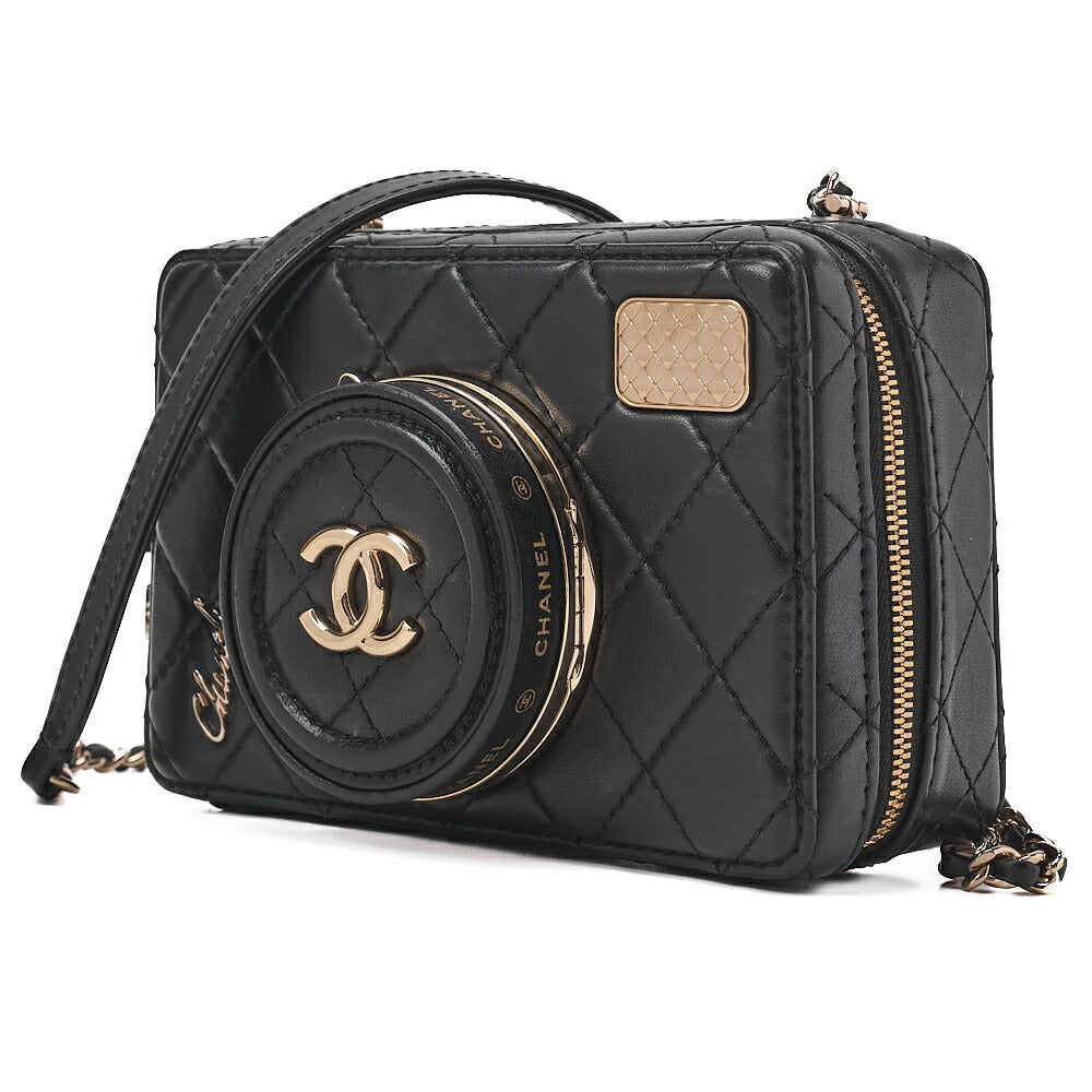 CHANEL Chain Shoulder Bag Matelasse Camera Bag Lambskin Black Gold-Tone Hardware, Pre-Owned