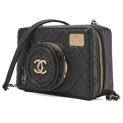 CHANEL Chain Shoulder Bag Matelasse Camera Bag Lambskin Black Gold-Tone Hardware, Pre-Owned