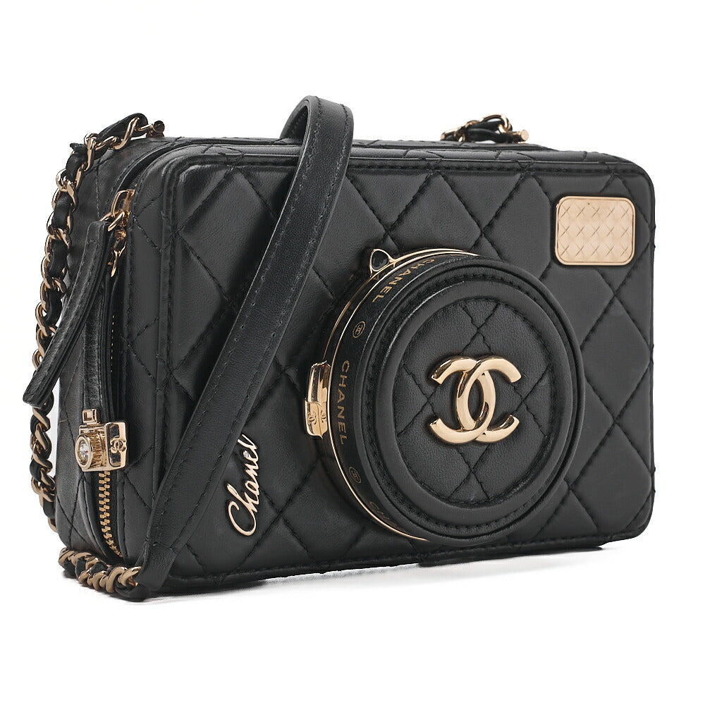 CHANEL Chain Shoulder Bag Matelasse Camera Bag Lambskin Black Gold-Tone Hardware, Pre-Owned