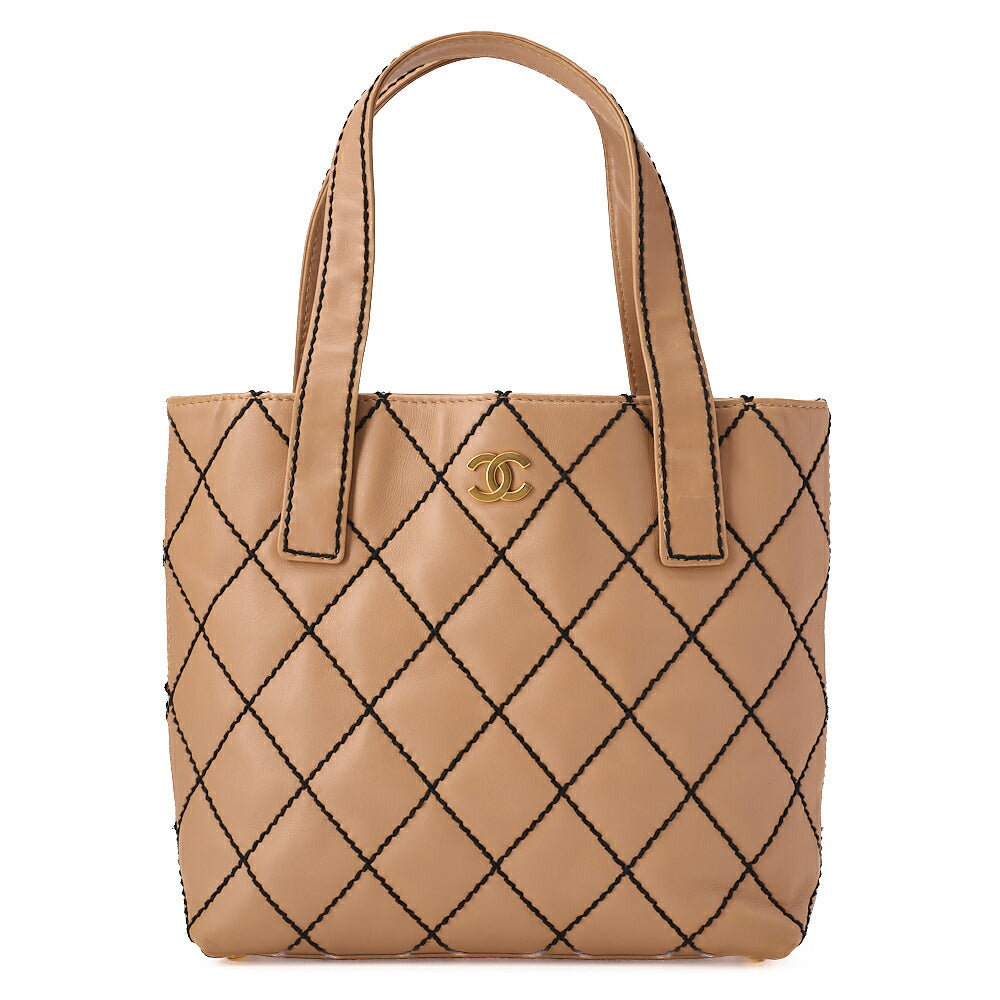 CHANEL Coco Mark Wild Stitch Tote Bag Calf Leather Beige (Gold-Tone Hardware, Pre-Owned