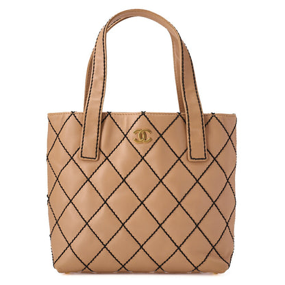 CHANEL Coco Mark Wild Stitch Tote Bag Calf Leather Beige (Gold-Tone Hardware, Pre-Owned